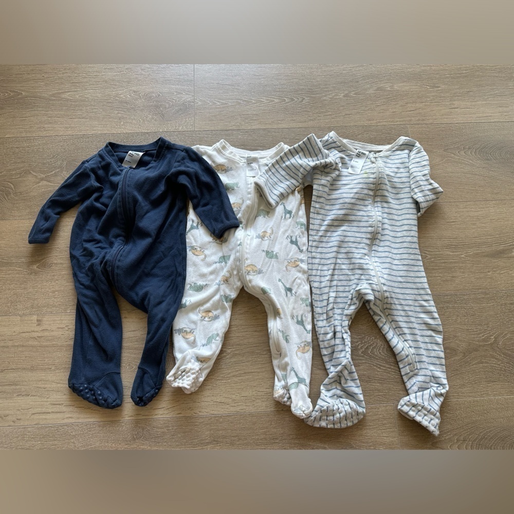 ANKO BABY 3 PC FOOTIES BODYSUIT ONESIE SET BLUE STRIPED DINO ANIMAL PRINT 6-12M